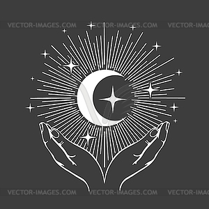 Hands and Crescent Moon with Stars Esoteric - vector image