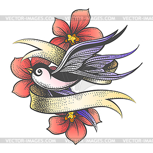 Летающая ласточка с татуировкой золотой лентой и цветами - рисунок в векторе