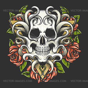 Human Skull with Rose Flowers on Triangle Shape - vector clipart