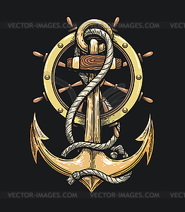 Anchor in Ropes and Ship Wheel - royalty-free vector image