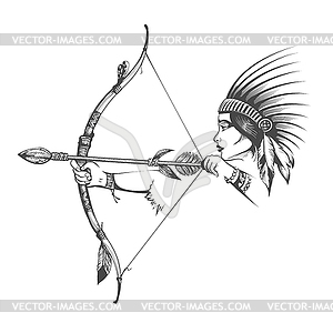 Woman in Indian Hair Dress with Bow and Arrow Tattoo - vector image