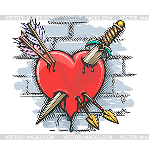 Heart Pierced by Dagger and Arrows Colorful Tattoo - vector image