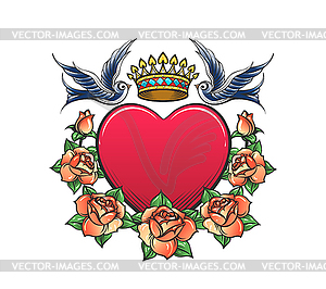 Heart with Crown swallows and rose Wreath Tattoo - vector image