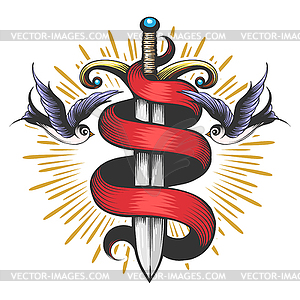 Sword with Swallows Tattoo - vector image