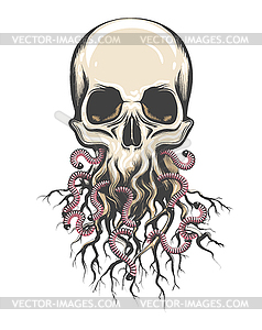 Череп человека с корнями и красочные татуировки черви - векторное изображение