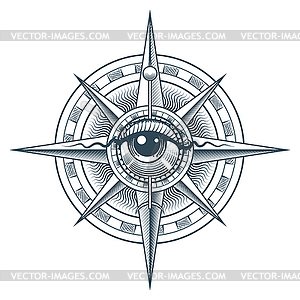 Wind Rose Compass with All Seeing Eye Inside Tattoo - vector clip art