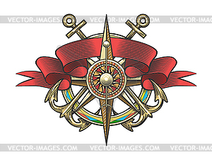 Wind Rose and Anchor Colorful Nautical Tattoo - vector clipart