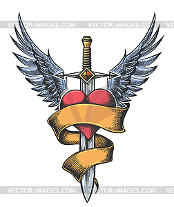 Sword with Heart and Wings Colorful Tattoo - vector EPS clipart