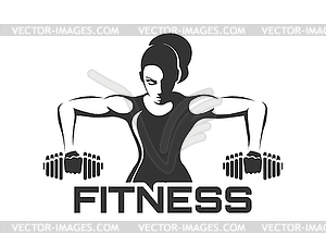 Fitness Club emblem with training woman. Woman holds dumbbells on