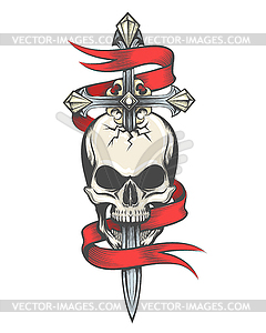Череп, пронзенный мечом Colorful Tattoo - изображение в векторе / векторный клипарт