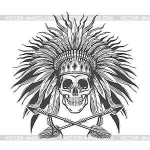 Skull in Indian War Bonnet and Arrows Tattoo - vector clipart