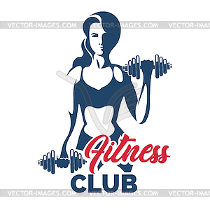 Fitness club emblem with training athletic woman - color vector clipart