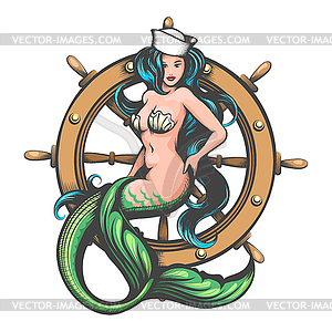 Mermaid and Steering Wheel Colorful Tattoo - vector clipart