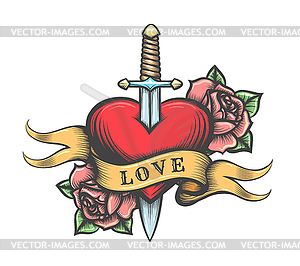 Heart pierced by Sword with Roses and Banner - vector clipart