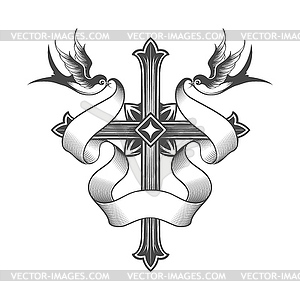 Cross with Banner and Swallows Tattoo - vector clipart