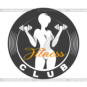 Fitness Club emblem with Woman Holds Dumbbells - vector image