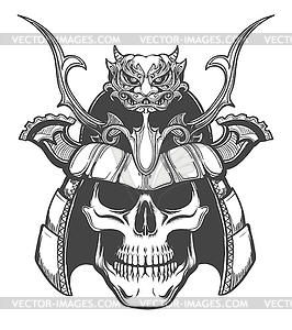 Human Skull in Japan Samurai Helmet Tattoo - vector clip art
