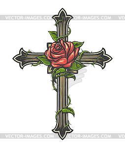 Rose on Cross Engraving Tattoo in engraving style - vector clipart