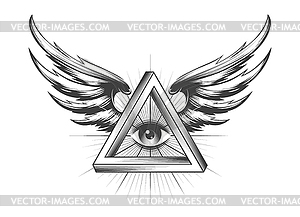 Масонское всевидящее око внутри треугольника с крыльями - векторное изображение EPS