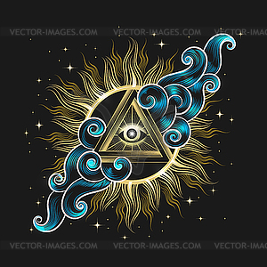 Золотой глаз провидения внутри пирамиды в небе - иллюстрация в векторном формате