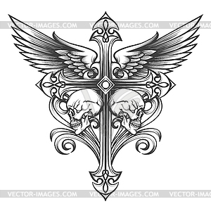 Skulls and Cross with Wings Tattoo in engraving - vector image