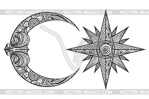 Crescent Moon and Star Drawn in Zentangle Style - vector image