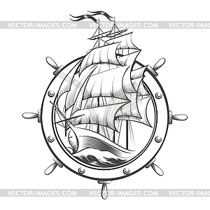 Sail Ship Inside Ship Wheel Engraving Tattoo - vector clip art