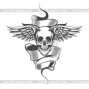 Winged Skull and Banner Tattoo - vector clipart