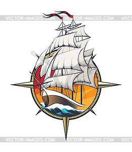Sailing Ship Inside Wind Rose Engraving Tattoo - vector clipart