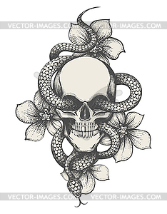 Skull with Snake and Flowers Tattoo - vector image