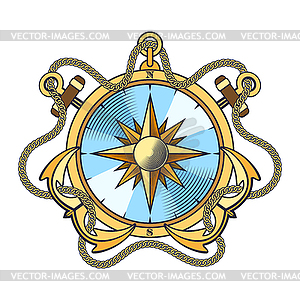 Nautical Compass and Anchors with Chains Emblem - vector image