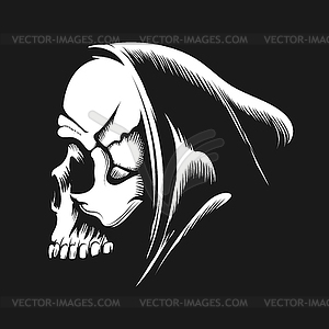 Skull in Hood Emblem on Black - vector image