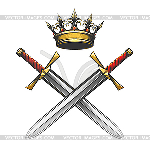Эмблема с короной и мечами, выполненная в стиле гравировки - векторное графическое изображение