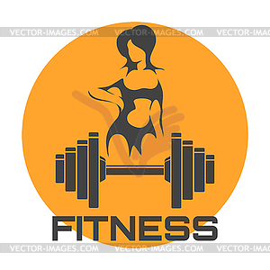 Fitness Logo with Dumbbell and Female Silhouette - vector image