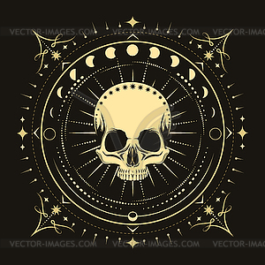 Human Skull with Phases of Moon Esoteric on Black B - vector clip art