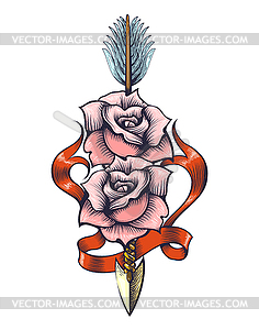 Two Rose Flowers Pierced By Arrow Tattoo - vector clip art