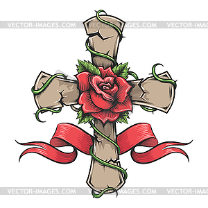 Татуировка с розой на каменном Кресте и ленте - изображение в формате EPS