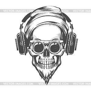 Skull with Beard in Beanie and Headphones Tattoo - vector clipart