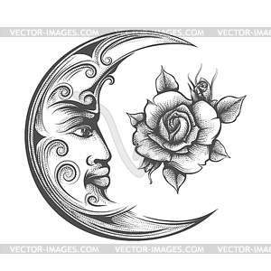 Crescent Moon and Rose Flower Esoteric Symbol - vector clipart