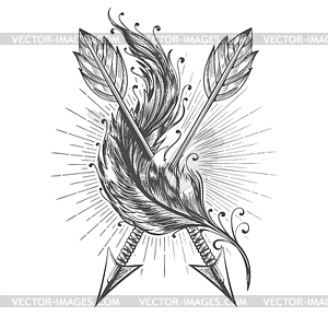 Two Indian Arrows and Bird Feather Tattoo - vector clip art