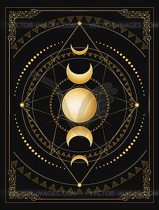 Phases of Moon and Sacred Geometry on Black - vector clip art