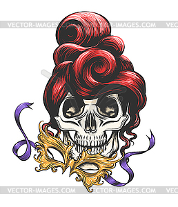 Female Skull with Golden Carnival Mask Tattoo - vector image