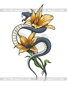 Татуировка цвета змеи в цветах орхидеи - векторный рисунок