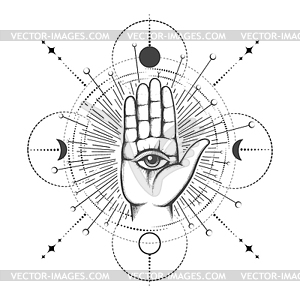 Human Palm with All seeing Eye on Sacred Geometry - vector clip art