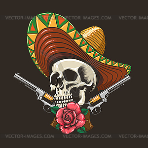 Skull in sombero and two Pistols - vector clipart