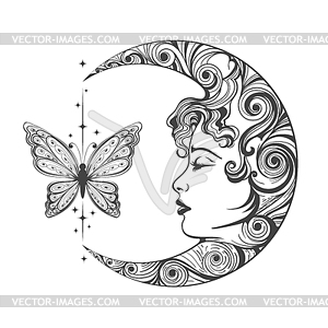 Crescent Moon with Female Face and Butterfly Tattoo - vector clipart