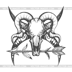Bull Skull and Indian Arrow Monochrome Tattoo - vector image