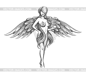 Woman with Wings Holding Apple Tattoo - vector clipart