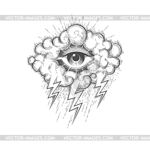 Всевидящее око в облаке с гравировкой молний - векторный клипарт / векторное изображение