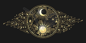 Golden Sun and Moon Esoteric on Black - vector clipart